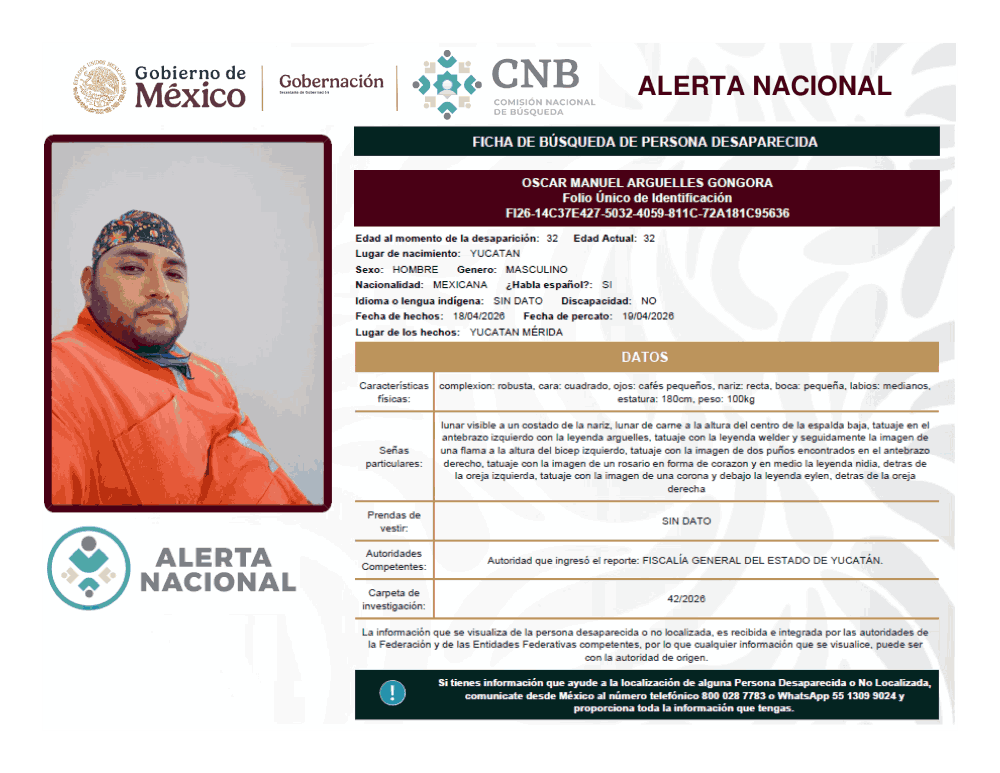 Persona desaparecida Oscar Manuel Arguelles Gongora