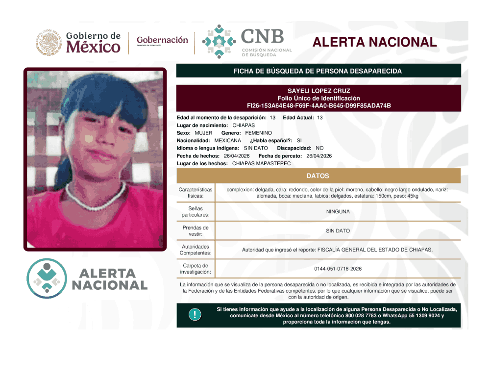 Persona desaparecida Sayeli López Cruz