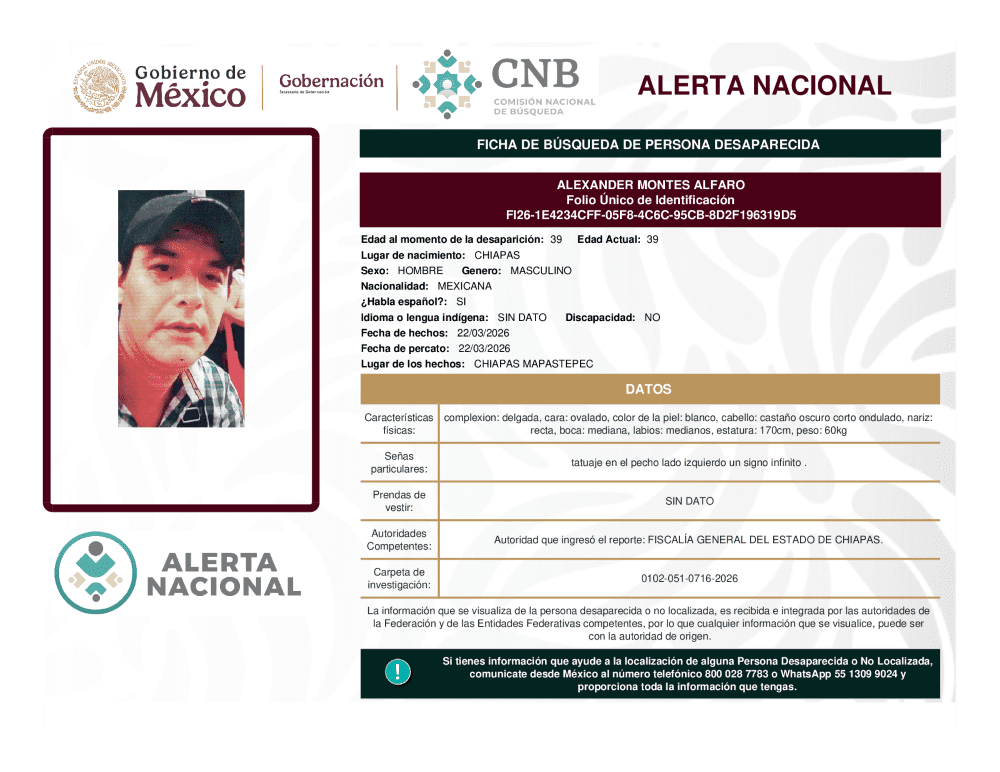 Persona desaparecida Alexander Montes