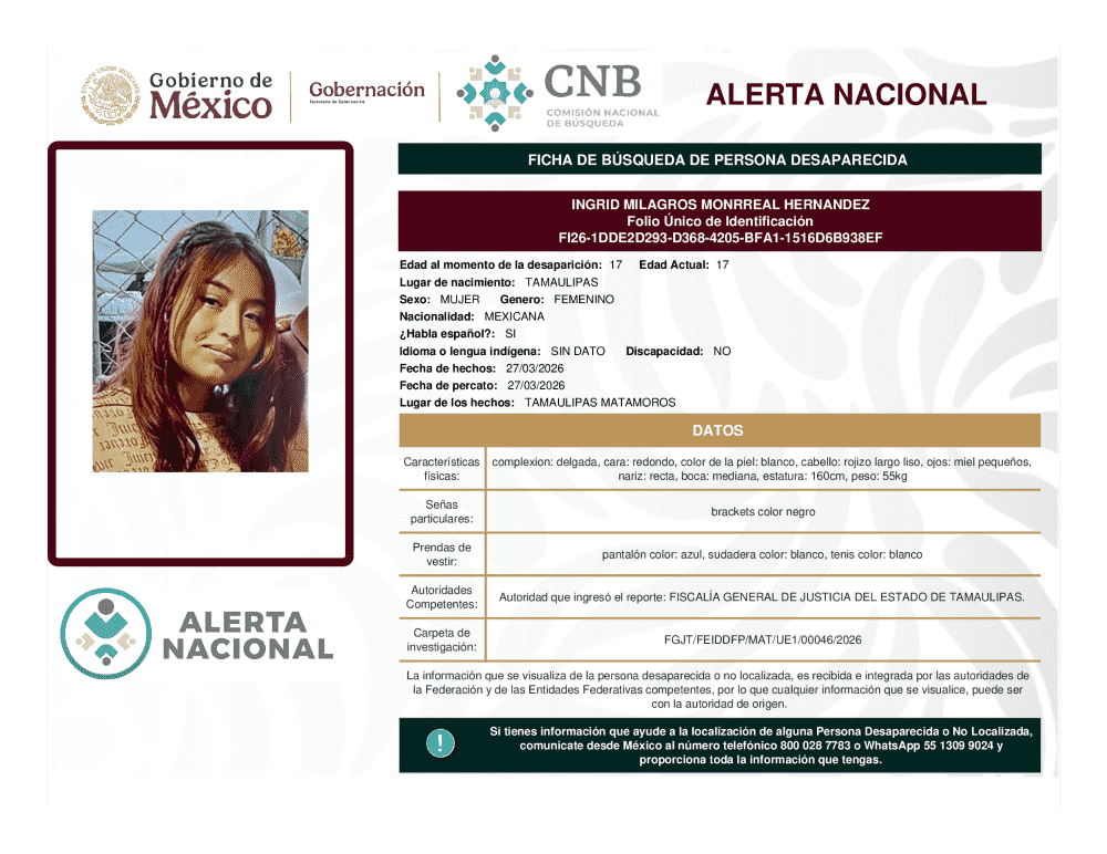 Persona desaparecida Ingrid Milagros