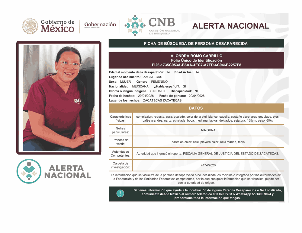 Persona desaparecida Alondra Romo Carrillo