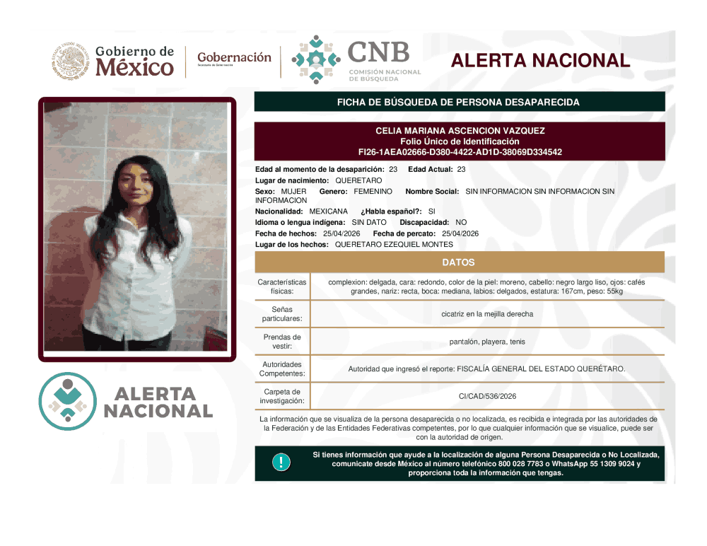 Persona desaparecida Celia Mariana Ascencion Vázquez