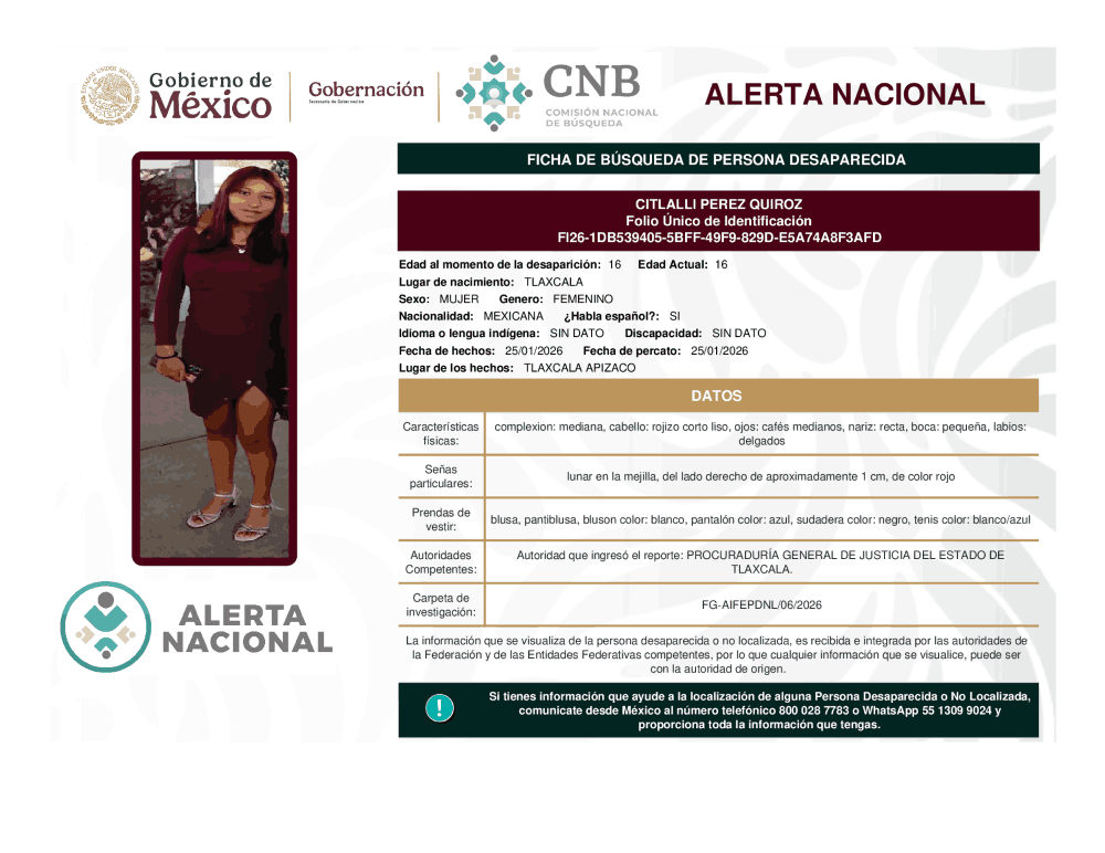 Persona desaparecida Citlalli Pérez Quiroz