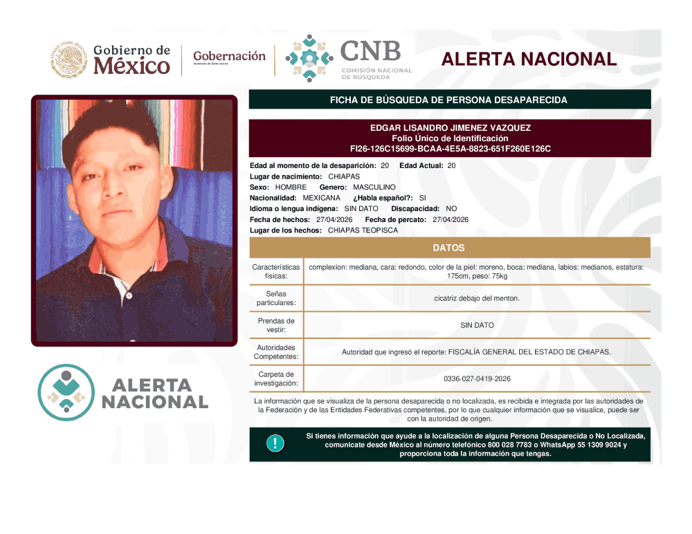 Persona desaparecida Edgar Lisandro Jiménez Vázquez