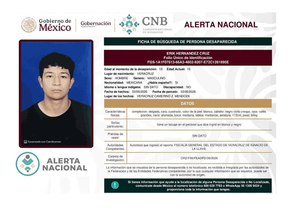 Persona desaparecida Erik Hernández Cruz