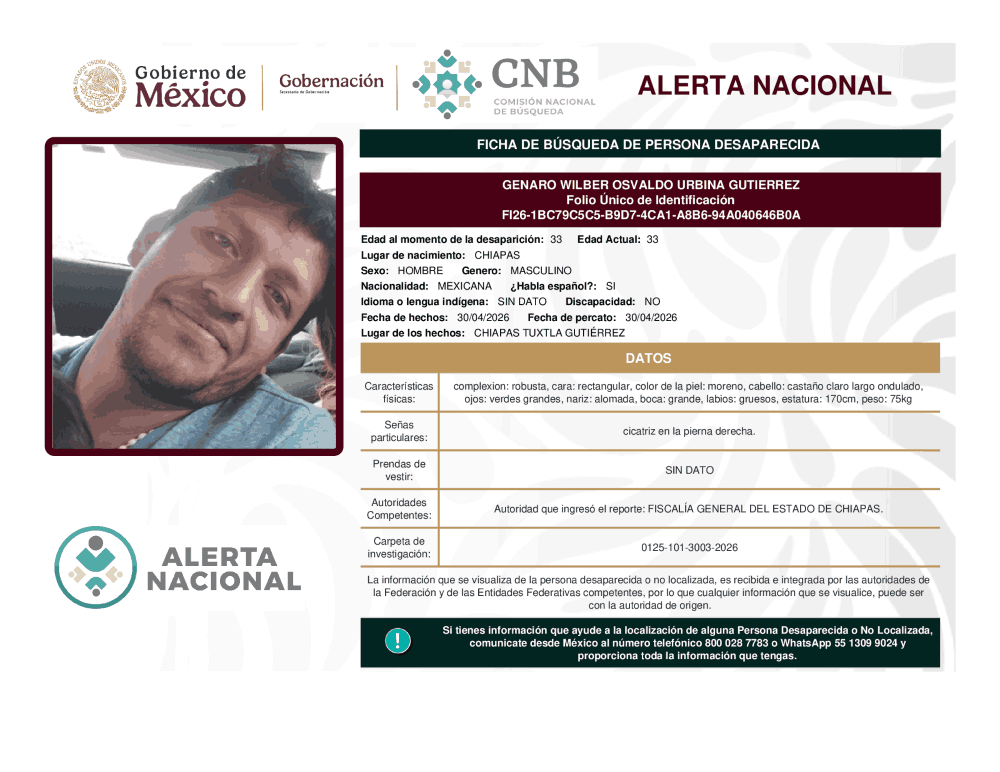 Persona desaparecida Genaro Wilber Osvaldo Urbina Gutiérrez