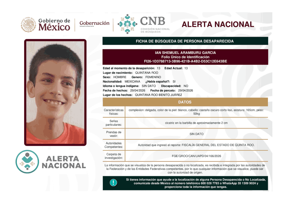 Persona desaparecida Ian Shemuel Aramburu García