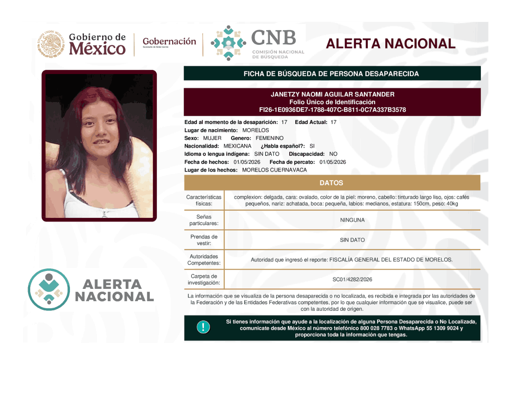 Persona desaparecida Janetzy Naomi Aguilar Santander