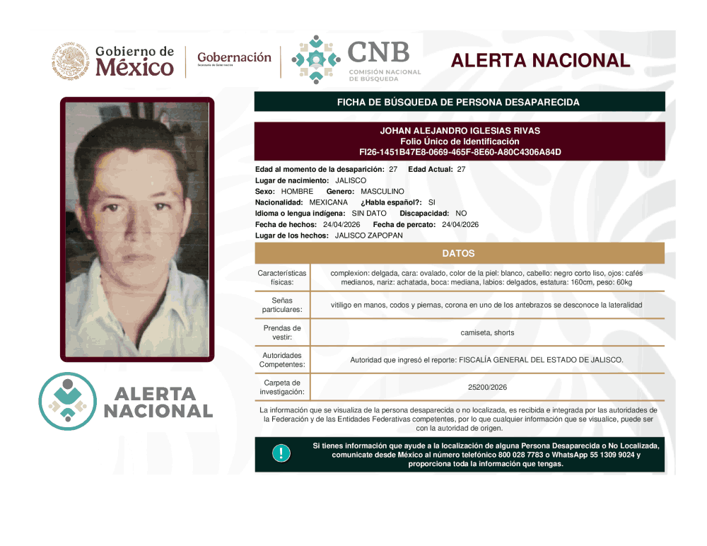Persona desaparecida Johan Alejandro Iglesias Rivas