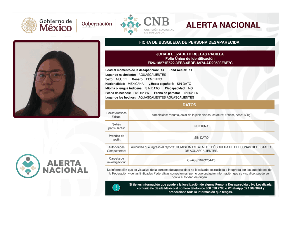 Persona desaparecida Johari Elizabeth Ruelas Padilla