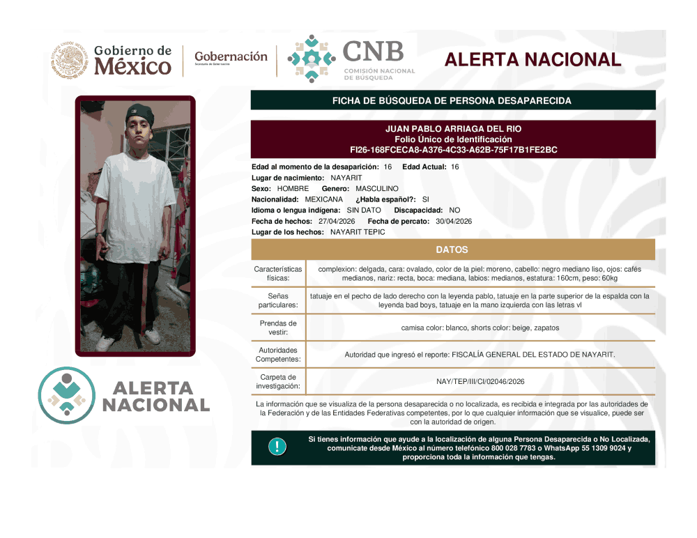 Persona desaparecida Juan Pablo Arriaga del Río