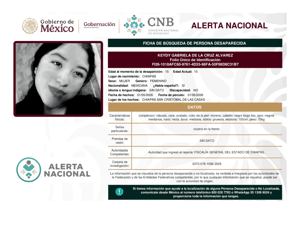 Persona desaparecida Keydy Gabriela de la Cruz Alvarez