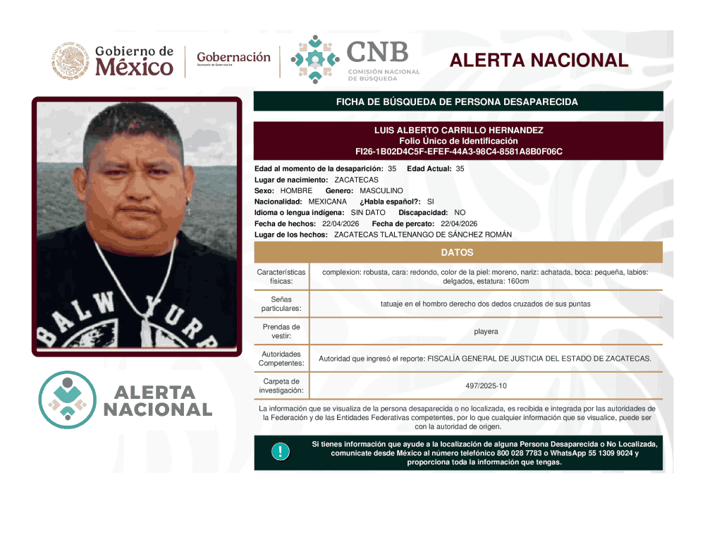 Persona desaparecida Luis Alberto Carrillo Hernández
