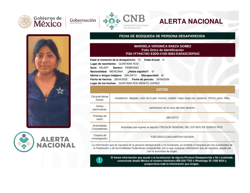 Persona desaparecida Marisela Verónica Baeza Gómez