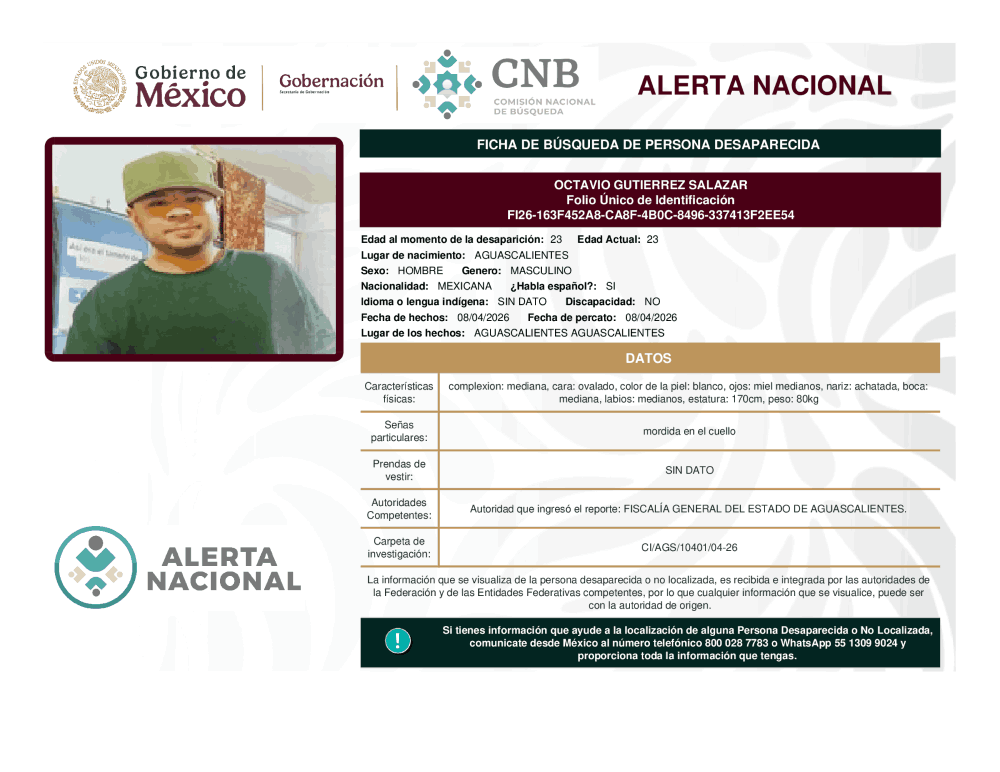Persona desaparecida Octavio Gutiérrez Salazar