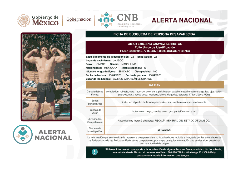 Persona desaparecida Omar Emiliano Chávez Serratos