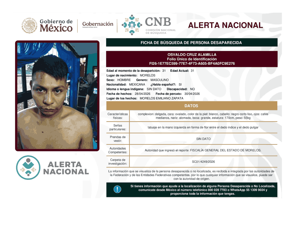 Persona desaparecida Osvaldo Cruz Alamilla