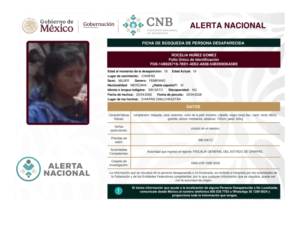 Persona desaparecida Rocelia Nuñez Gómez