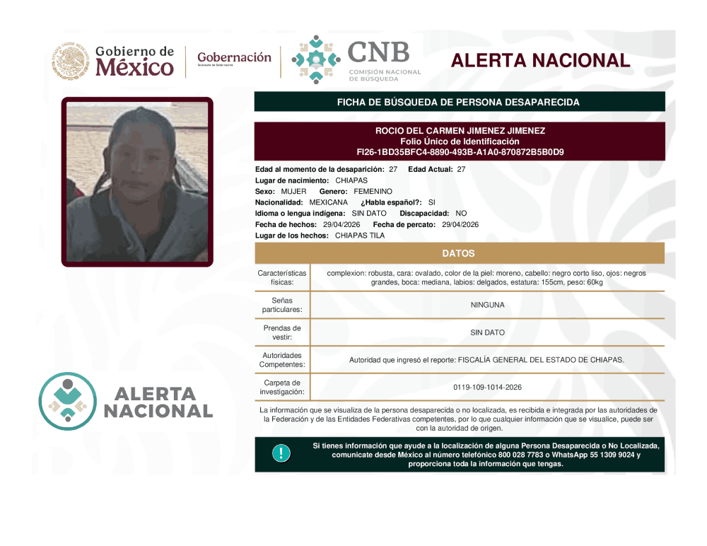 Persona desaparecida Rocio del Carmen Jiménez Jiménez