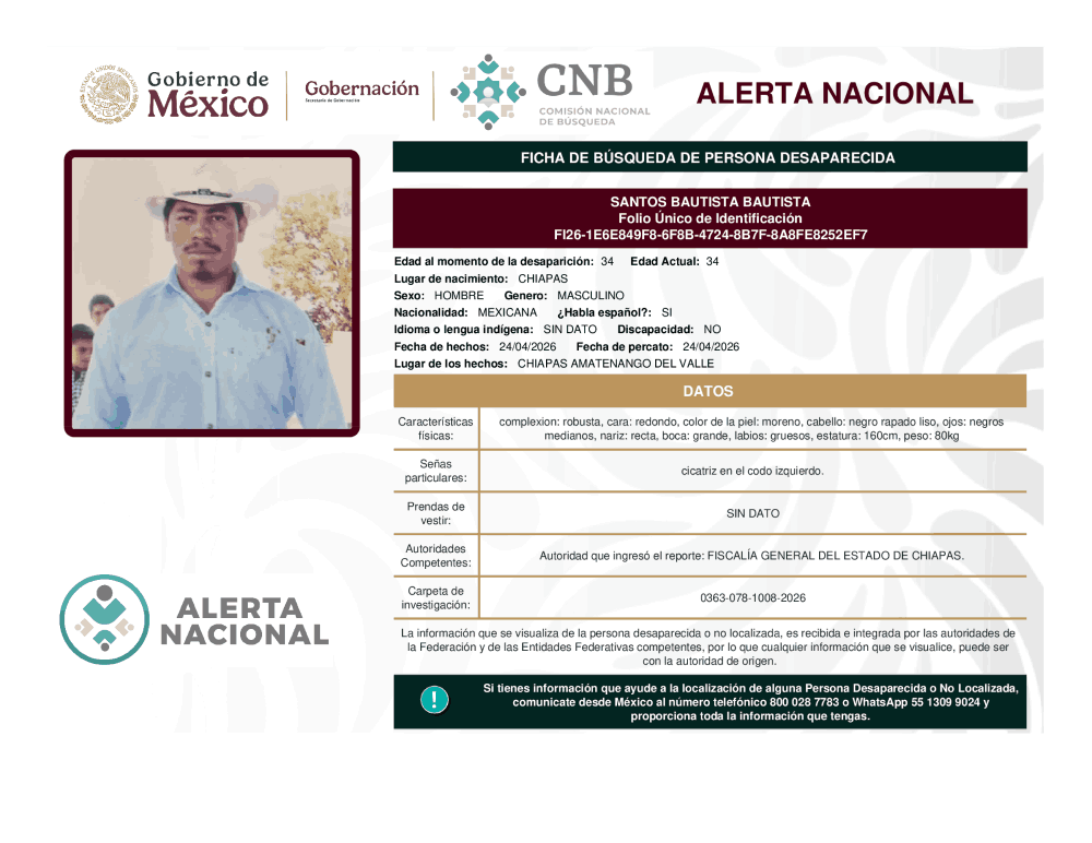 Persona desaparecida Santos Bautista Bautista