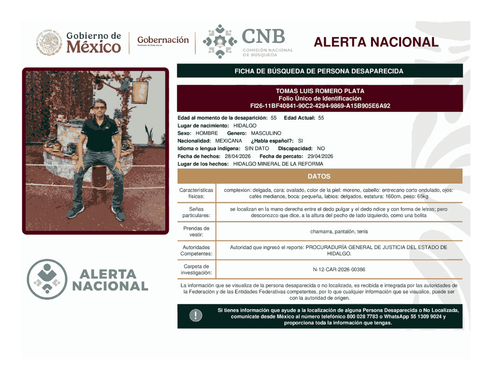 Persona desaparecida Tomas Luis Romero Plata