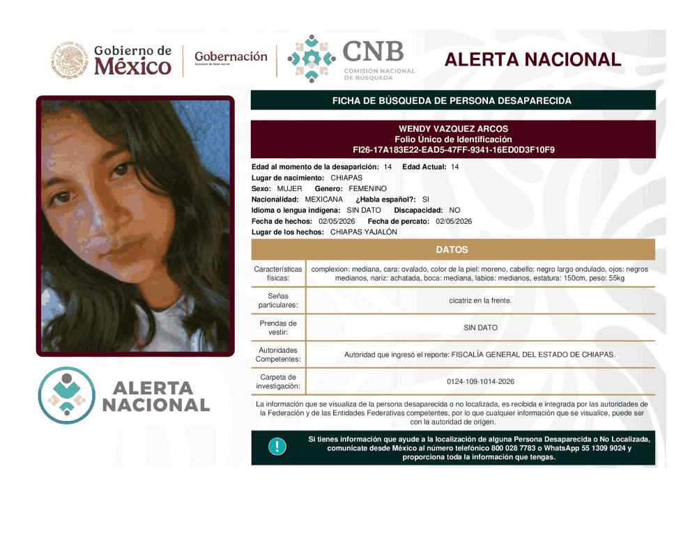 Persona desaparecida Wendy Vázquez Arcos