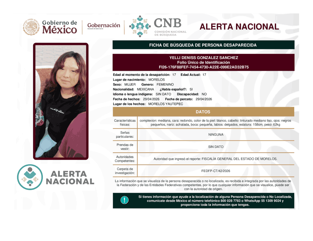Persona desaparecida Yelli Deniss González Sánchez