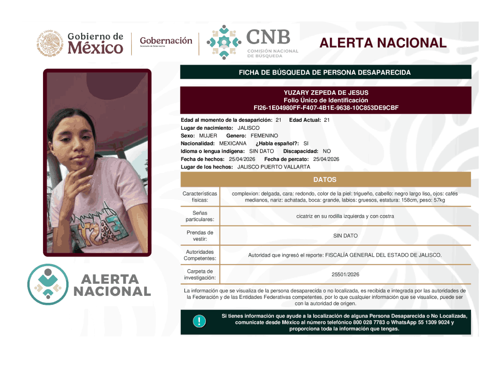 Persona desaparecida Yuzary Zepeda de Jesús