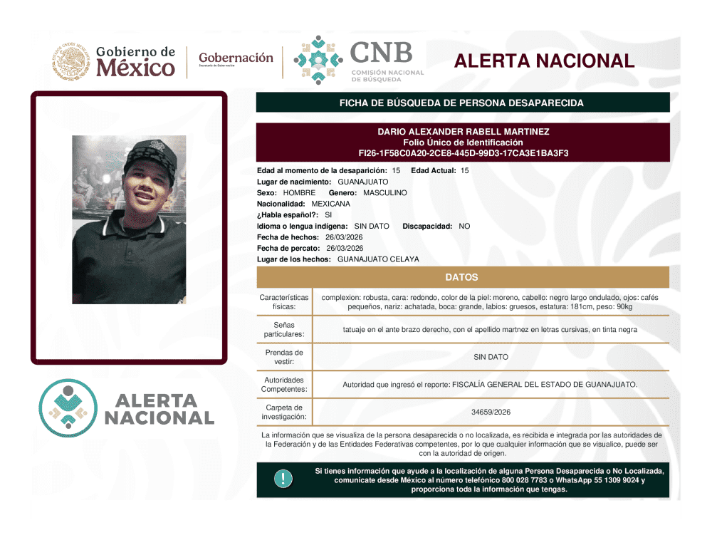 Persona desaparecida Dario Alexander Rabell Martinez