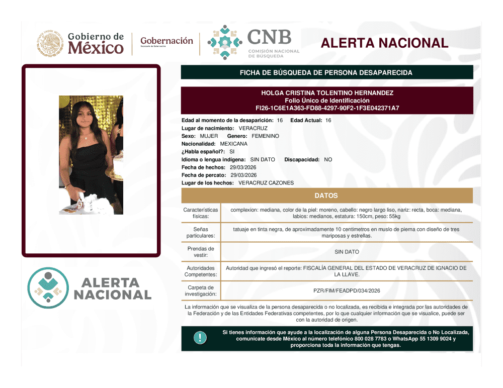 Persona desaparecida Holga Cristina Tolentino Hernandez