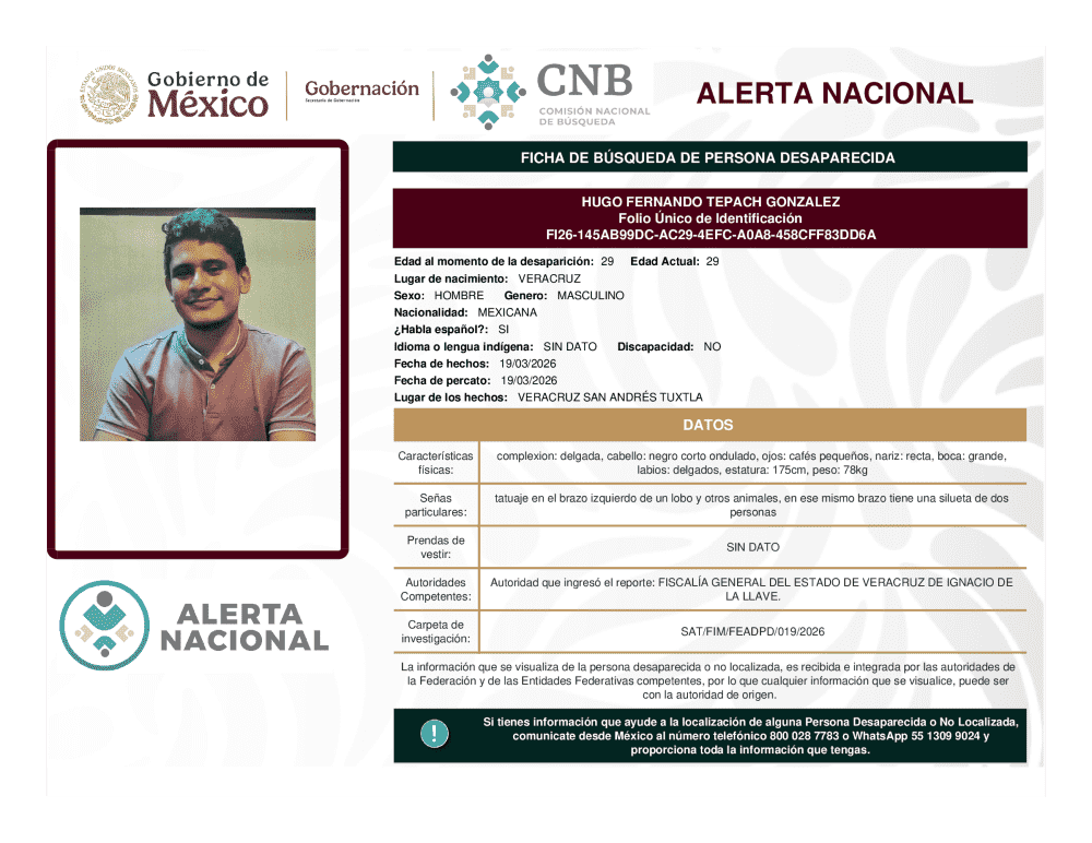 Persona desaparecida Hugo Fernando Tepach Gonzalez
