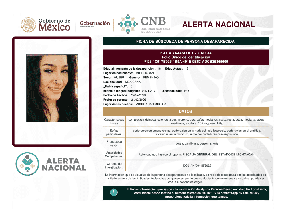 Persona desaparecida Katia Yajani Ortiz Garcia