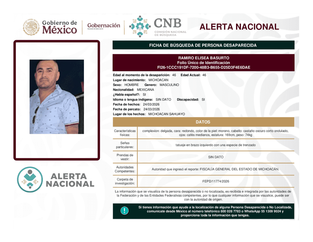 Persona desaparecida Ramiro Elisea Basurto