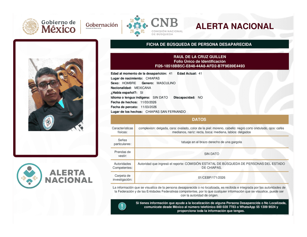Persona desaparecida Raul De La Cruz Guillen