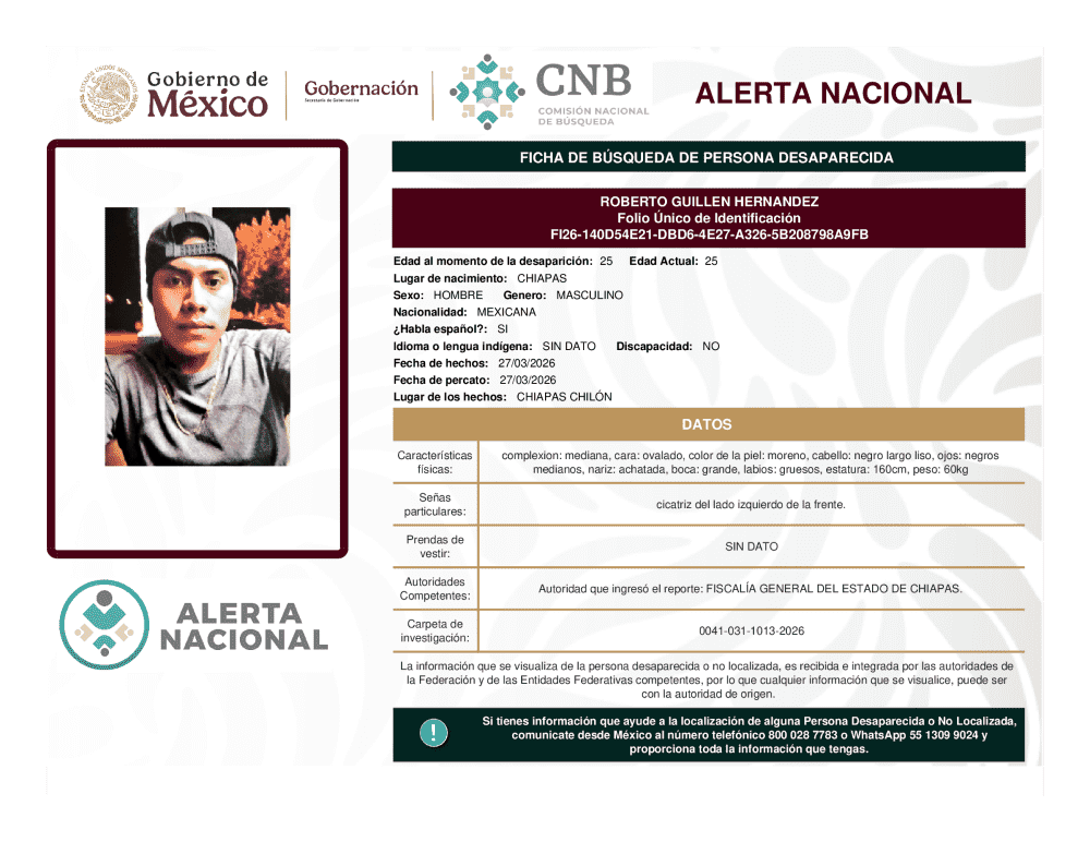 Persona desaparecida Roberto Guillen Hernandez