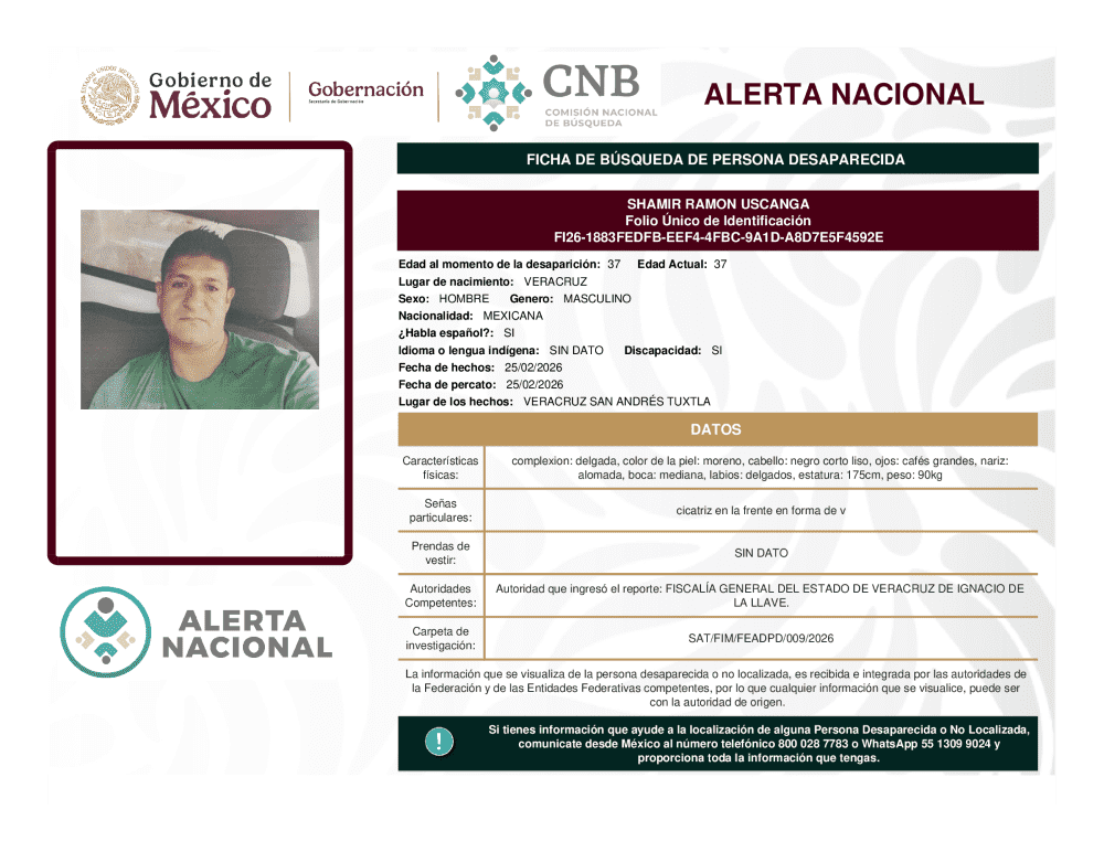 Persona desaparecida Shamir Ramon Uscanga