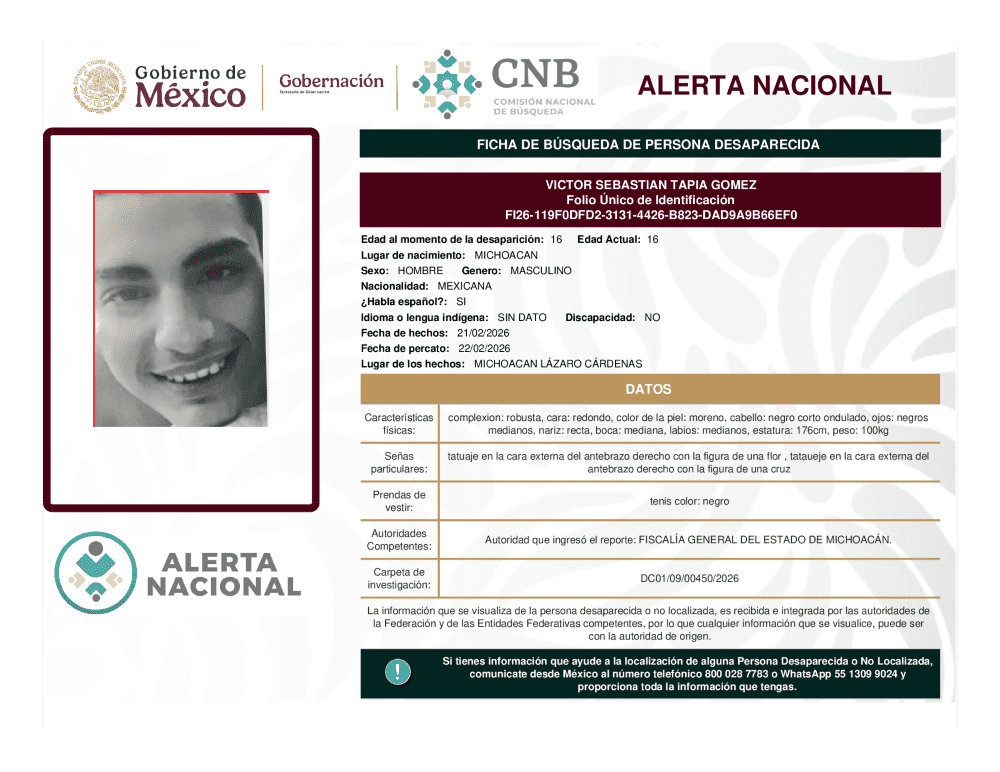 Persona desaparecida Victor Sebastian Tapia Gomez