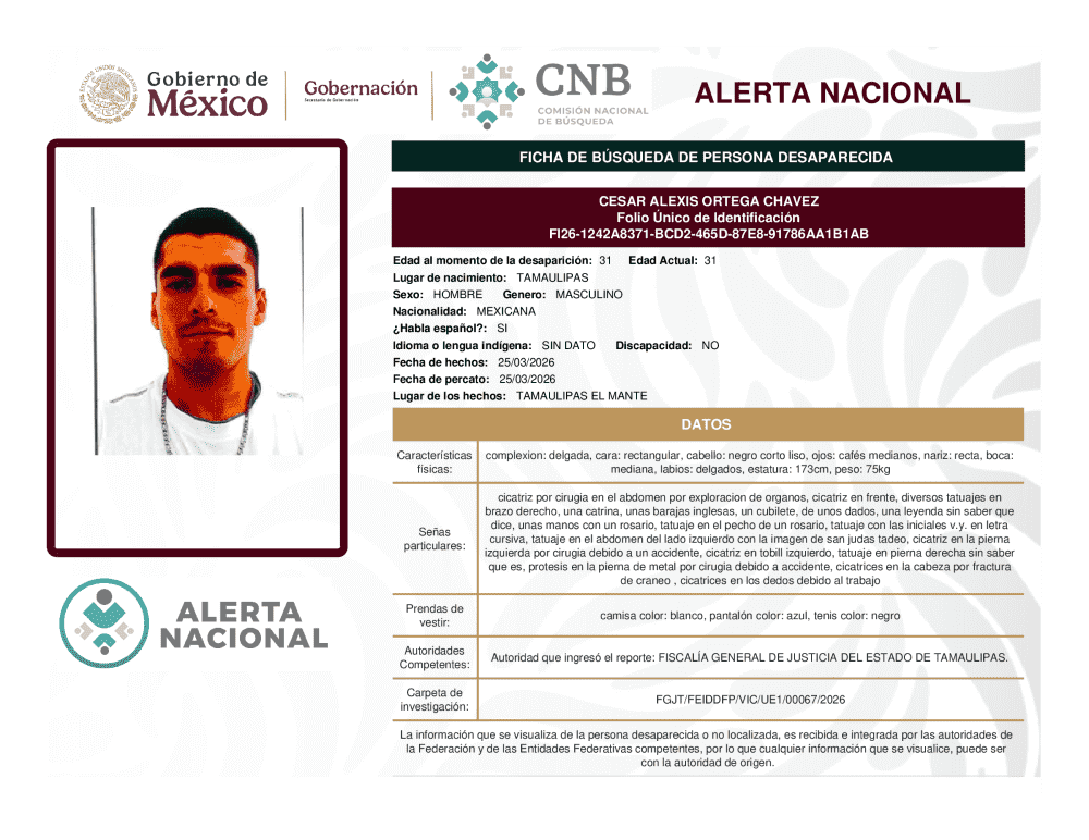 Persona desaparecida César Alexis Ortega