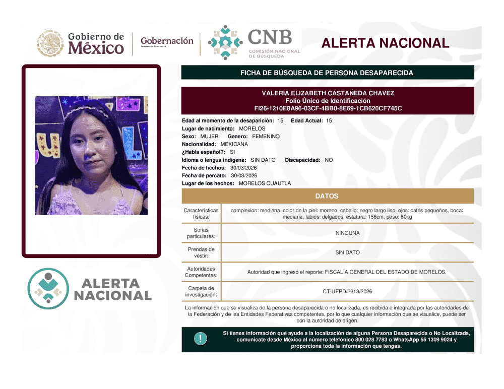 Persona desaparecida Valeria Elizabeth Castaneda