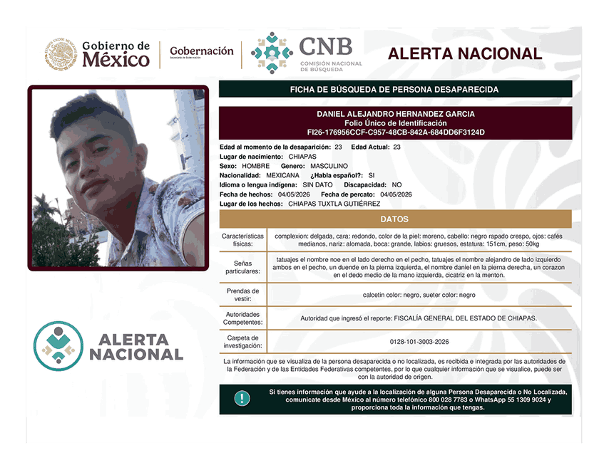 Persona desaparecida Daniel Alejandro Hernández García