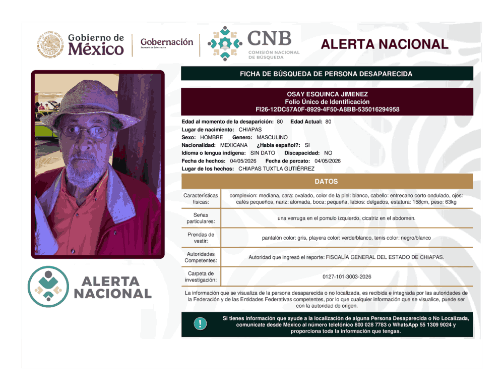 Persona desaparecida Osay Esquinca Jiménez