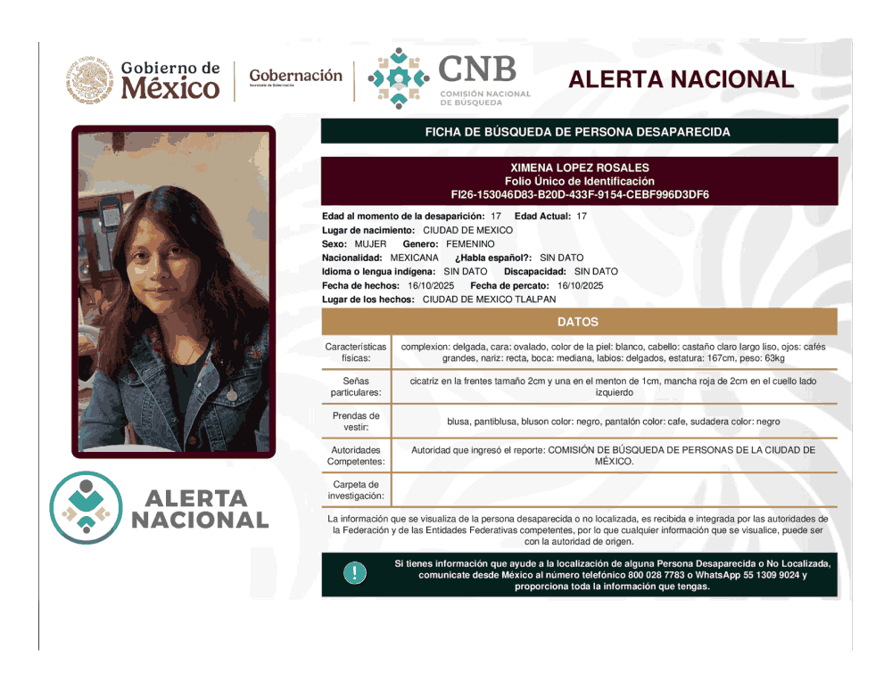 Persona desaparecida Ximena López Rosales