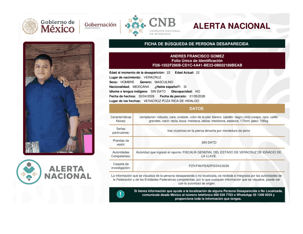 Persona desaparecida Andres Francisco Gómez
