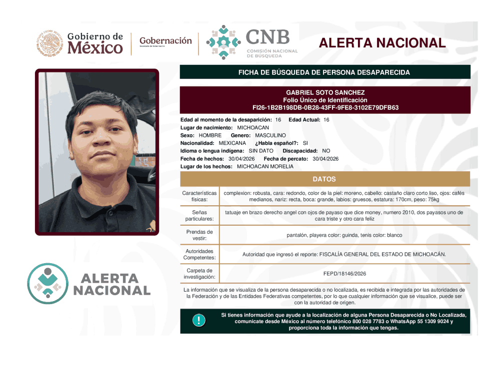 Persona desaparecida Gabriel Soto Sánchez