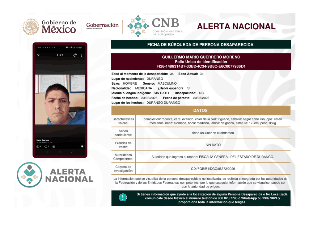 Persona desaparecida Guillermo Mario Guerrero Moreno