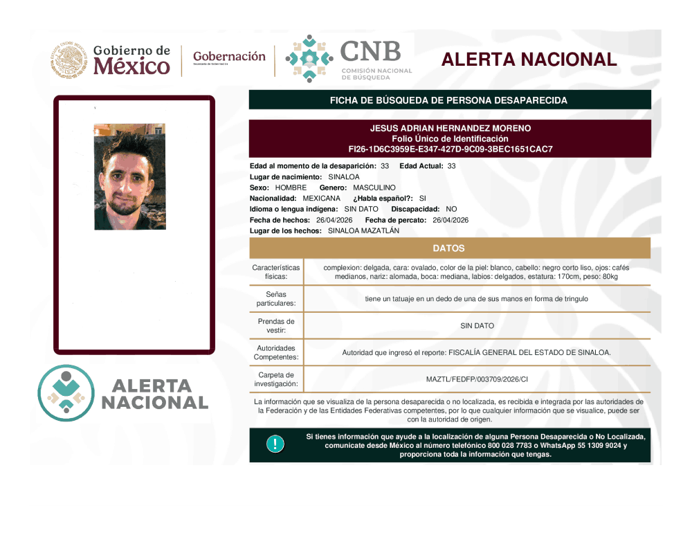 Persona desaparecida Jesus Adrian Hernandez Moreno