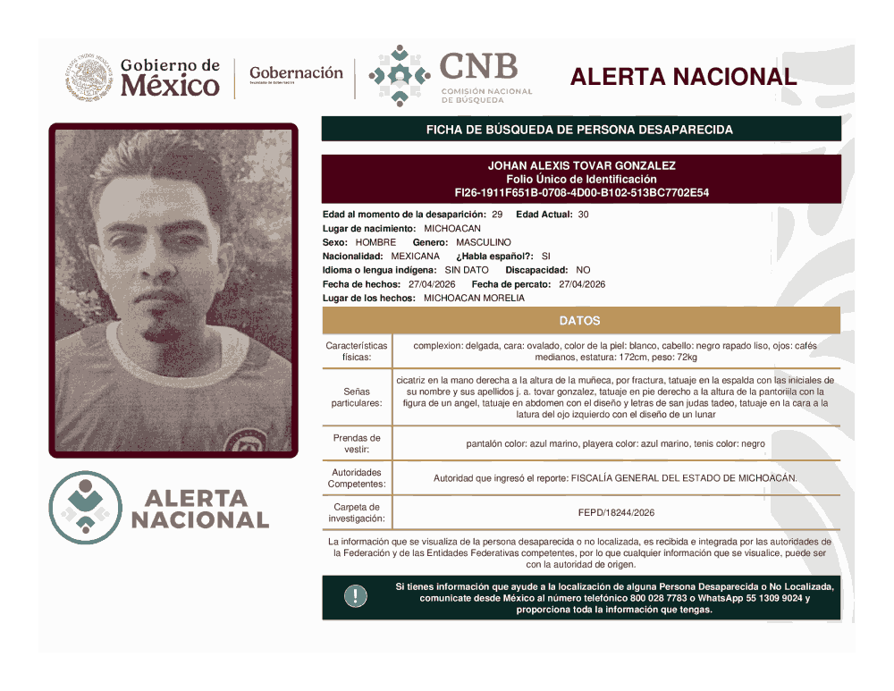 Persona desaparecida Johan Alexis Tovar González