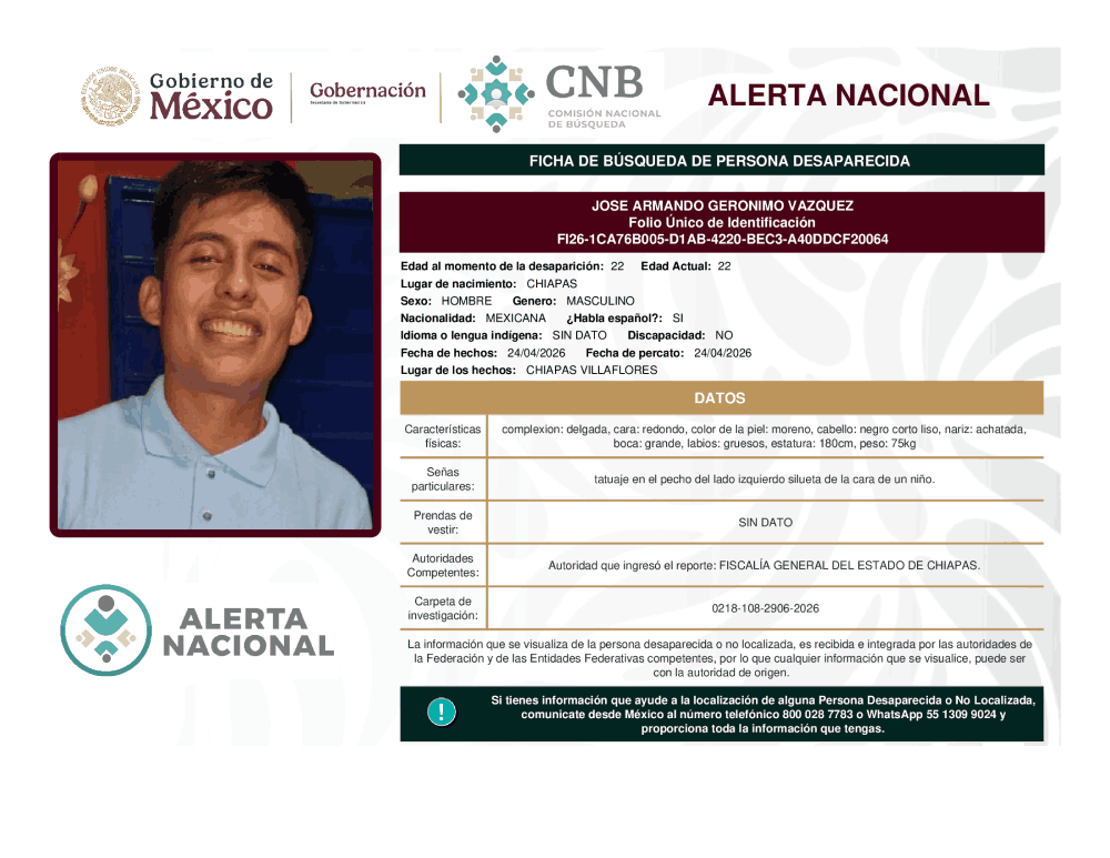 Persona desaparecida José Armando Geronimo Vázquez