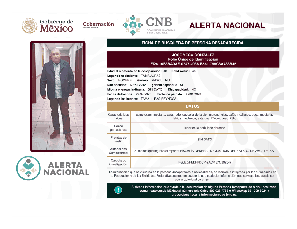 Persona desaparecida José Vega González