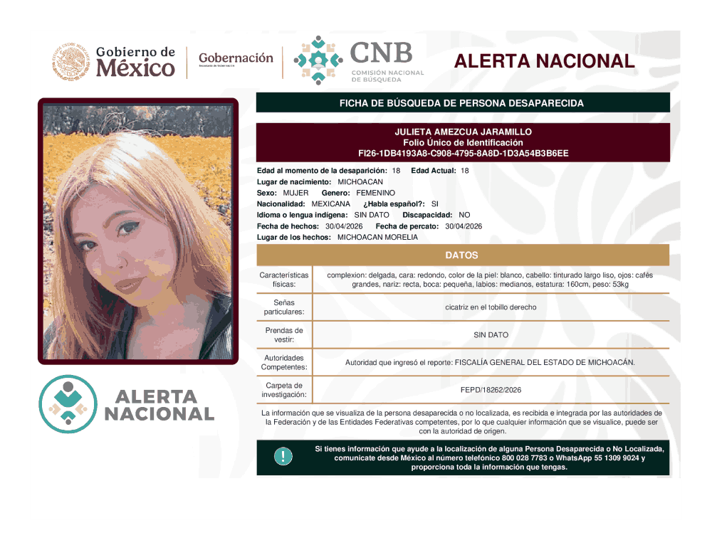 Persona desaparecida Julieta Amezcua Jaramillo